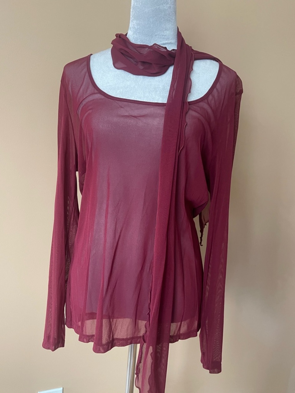 Newport News Burgundy Sheer Long-Sleeve Top with Scarf Accent size XL